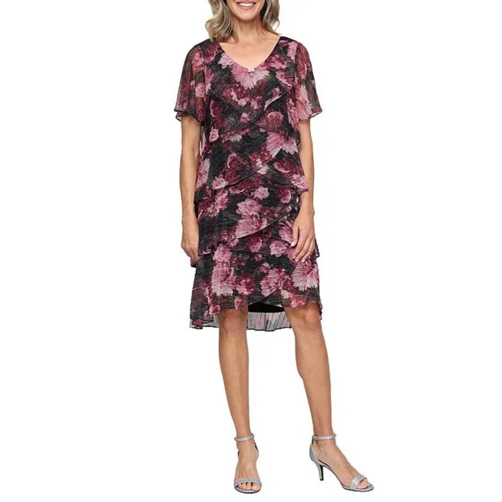 NWT SLNY Black Pink Floral Metallic Tiered Flutter Sleeve Cocktail Dress Size 10